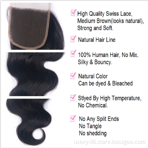 High Quality Top Grade 100% Human Hair Malaysian Unprocessed Virgin Hair Body Wave 4*4 Lace Closure